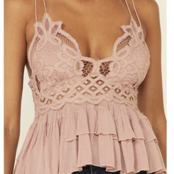 Free People Adella Dusty Mauve Boho Lace Smocked Strappy Cami - Size L - NWT - Picture 2 of 13